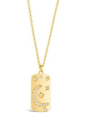 Sterling Forever Celestial Dog Tag Pendant Necklace CZ 14K Gold Plated